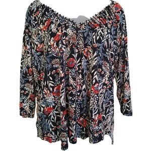 Lucky Brand Boho Floral V-Neck Peasant Top Size M Asymmetrical Hem